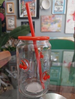 Glass Tumbler Red Cherry Charmed Cup W/ Lid And Straw  ( NEW)